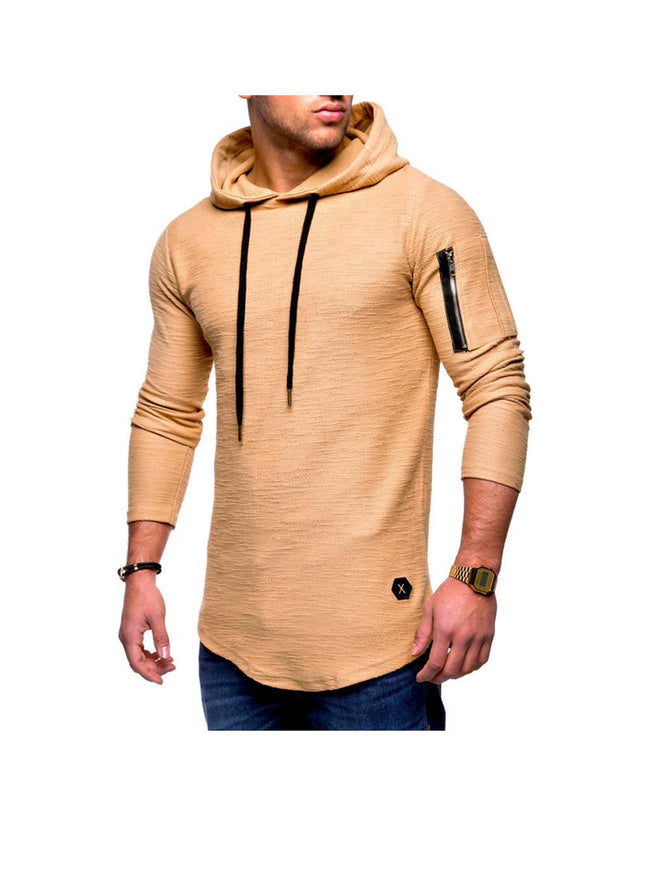 Men's Solid Slub Cotton Hoodie With Decorative Zipper Pocket On Sleeve Arm