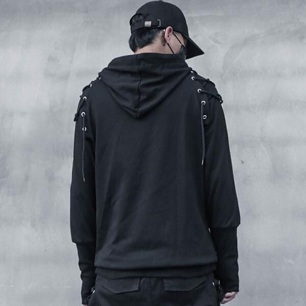 Men's Shoulder Tie Hooded Sweatshirt with Thumb Holes on Sleeves