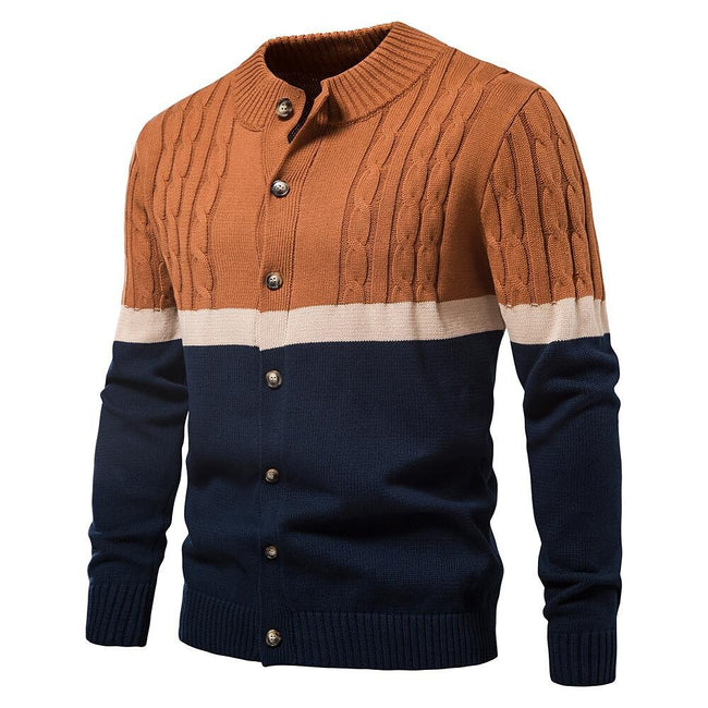 Men's Stand Collar Cotton Contrast Striped Cable Cardigan