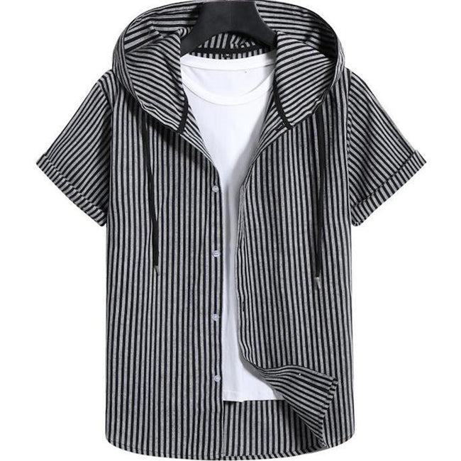 Men's Casual Hooded Striped Print Short-sleeved Shirt