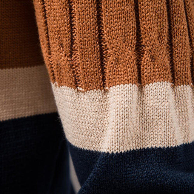 Men's Stand Collar Cotton Contrast Striped Cable Cardigan