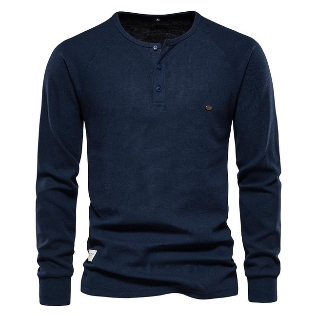 Men's Solid Waffle Raglan Sleeve Henley Collar T-Shirt