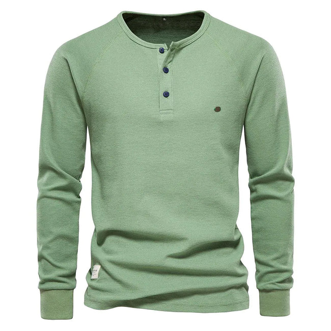Men's Solid Waffle Raglan Sleeve Henley Collar T-Shirt