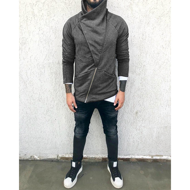 Men's Solid Color Hooded Slim Fit Fleece Diagonal Placket Sweatshirt