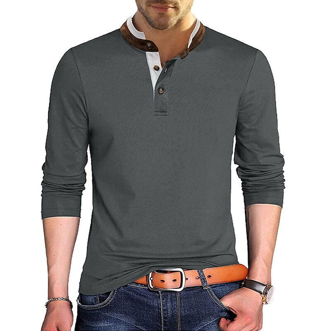 Men's Henley Solid Color Patchwork Long Sleeve T-Shirt