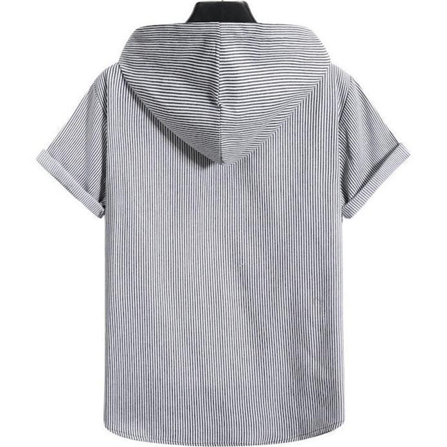 Men's Casual Hooded Striped Print Short-sleeved Shirt