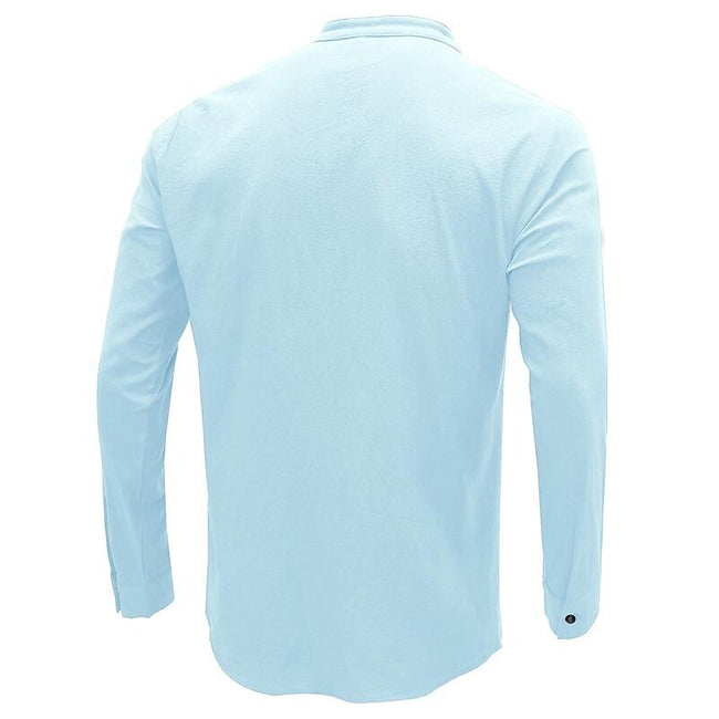 Men's Henley Collar Cotton Linen Long Sleeve Shirt