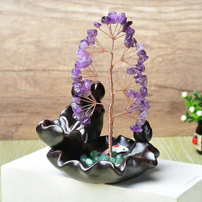 Natural Crystal Backflow Incense Base Fortune Tree