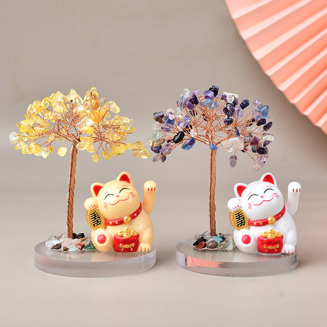Crystal Lucky Cat Base Fortune Tree