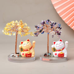 Crystal Lucky Cat Base Fortune Tree