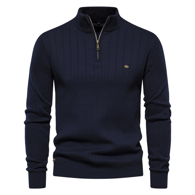 Men's Casual Cotton Half Zipper Stand Collar Pullover Sweater