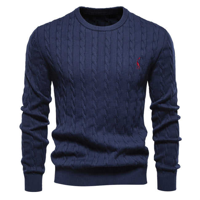 Men's Round Neck Twist Patterned Giraffe Embroidery Sweater