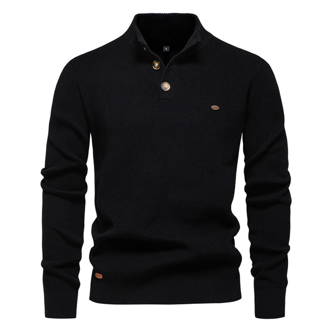 Men's Mock Neck Button-Up Cotton Pullover Sweater
