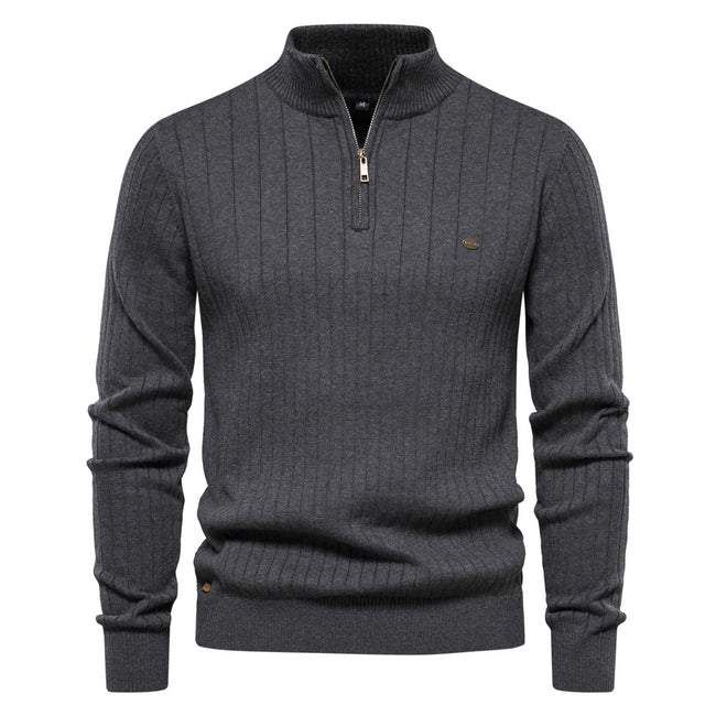 Men's Casual Cotton Half Zipper Stand Collar Pullover Sweater