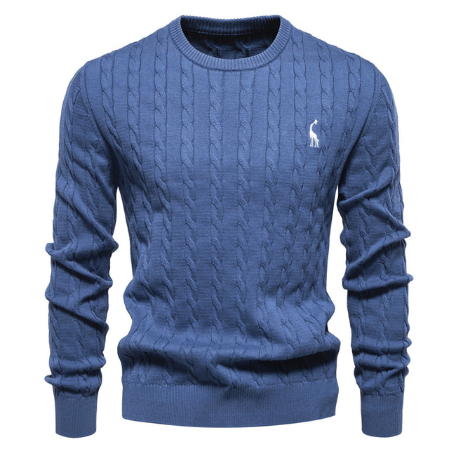 Men's Round Neck Twist Patterned Giraffe Embroidery Sweater