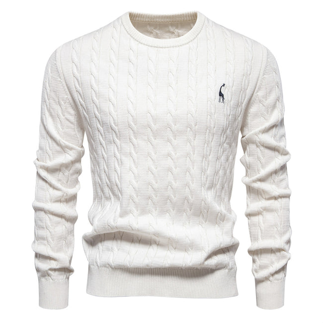 Men's Round Neck Twist Patterned Giraffe Embroidery Sweater