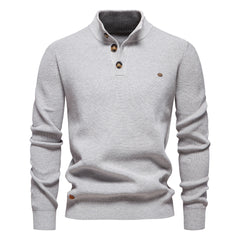 Men's Mock Neck Button-Up Cotton Pullover Sweater