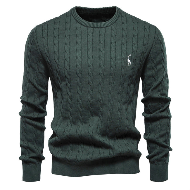 Men's Round Neck Twist Patterned Giraffe Embroidery Sweater