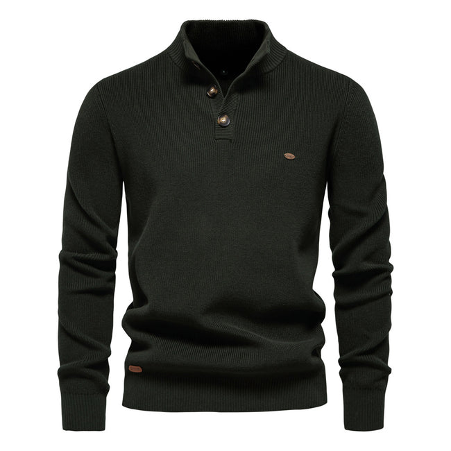 Men's Mock Neck Button-Up Cotton Pullover Sweater