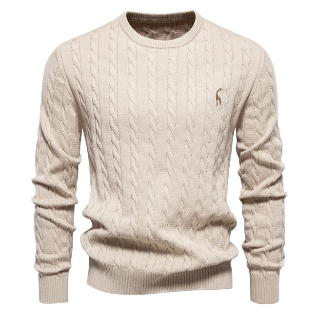 Men's Round Neck Twist Patterned Giraffe Embroidery Sweater
