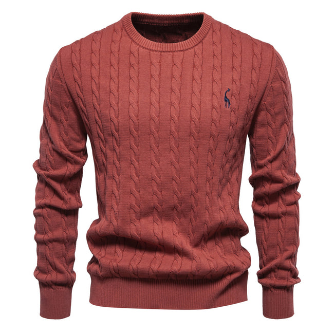 Men's Round Neck Twist Patterned Giraffe Embroidery Sweater