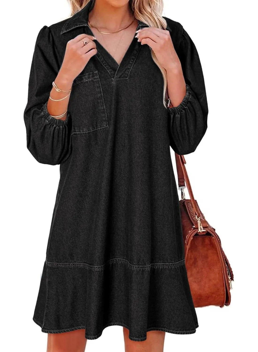 Women's V-Neck Puff Sleeve Denim Layered Dress (Buy 2 Free Shipping)