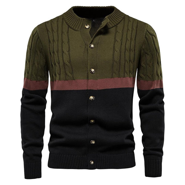 Men's Stand Collar Cotton Contrast Striped Cable Cardigan