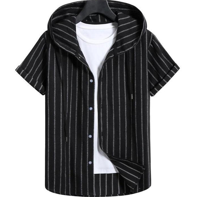Men's Casual Hooded Striped Print Short-sleeved Shirt