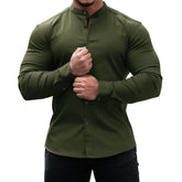 Men's Solid Color Stand Collar Slim Fit Stretch Long Sleeve Shirt