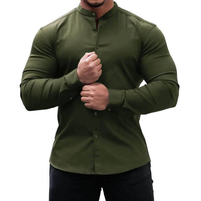 Men's Solid Color Stand Collar Slim Fit Stretch Long Sleeve Shirt