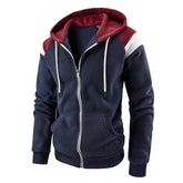 Men's Hooded Patchwork Drawstring Zip Sweatshirt Casual Retro