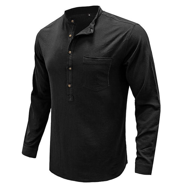 Men's Henley Collar Cotton Linen Long Sleeve Shirt