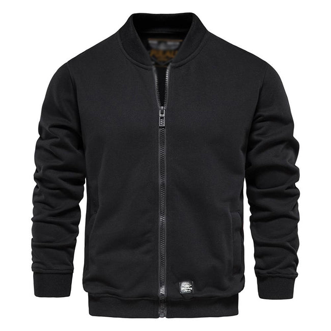 Men's Baseball Collar Solid French Terry Zip Sweater Jacket