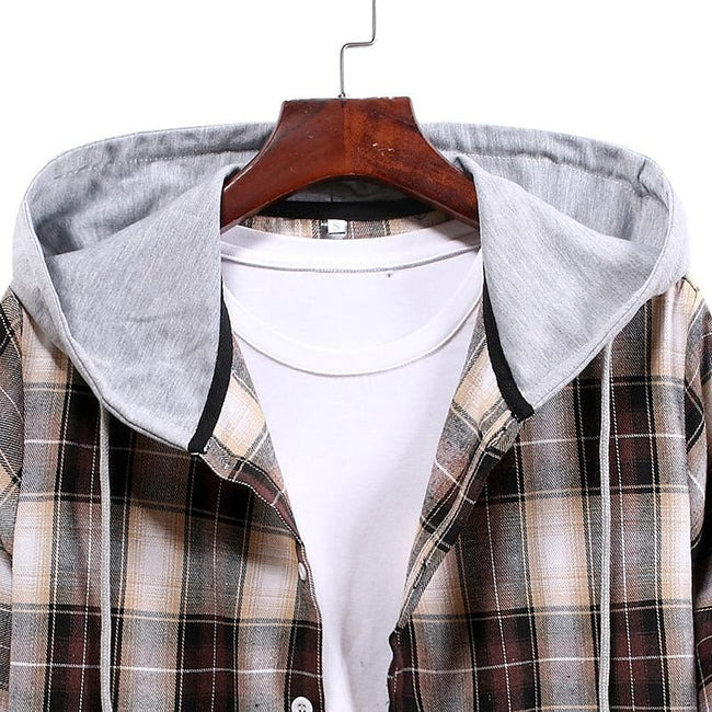 Men's Long Sleeve Flannel Brushed Check Hooded Casual Shirt Blue Brown
