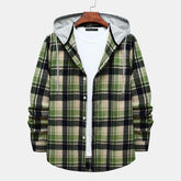 Men's Long Sleeve Flannel Brushed Check Hooded Casual Shirt Green Khaki