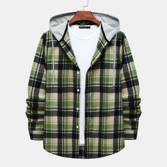 Men's Long Sleeve Flannel Brushed Check Hooded Casual Shirt Green Khaki
