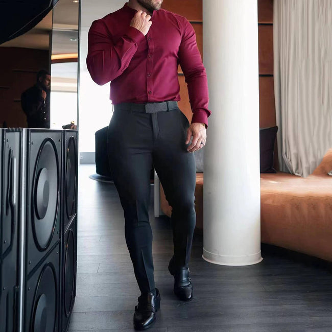 Men's Solid Color Stand Collar Slim Fit Stretch Long Sleeve Shirt