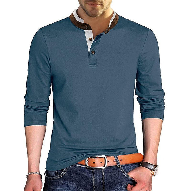 Men's Henley Solid Color Patchwork Long Sleeve T-Shirt