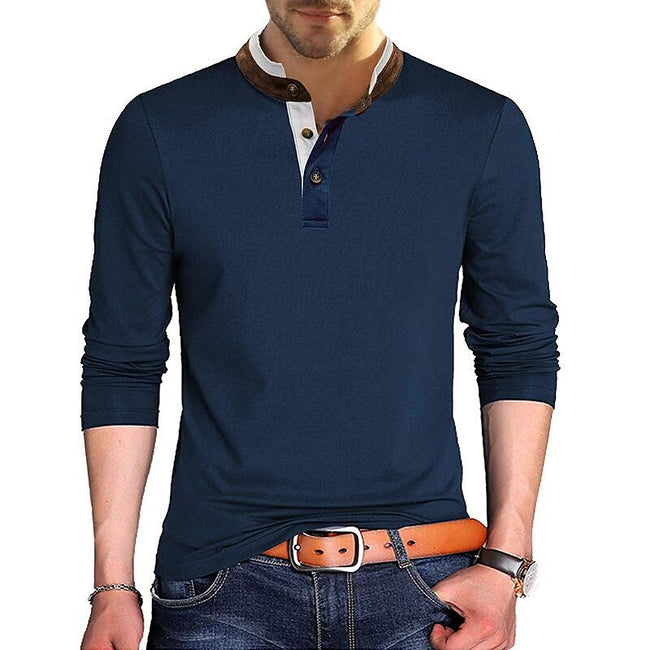 Men's Henley Solid Color Patchwork Long Sleeve T-Shirt