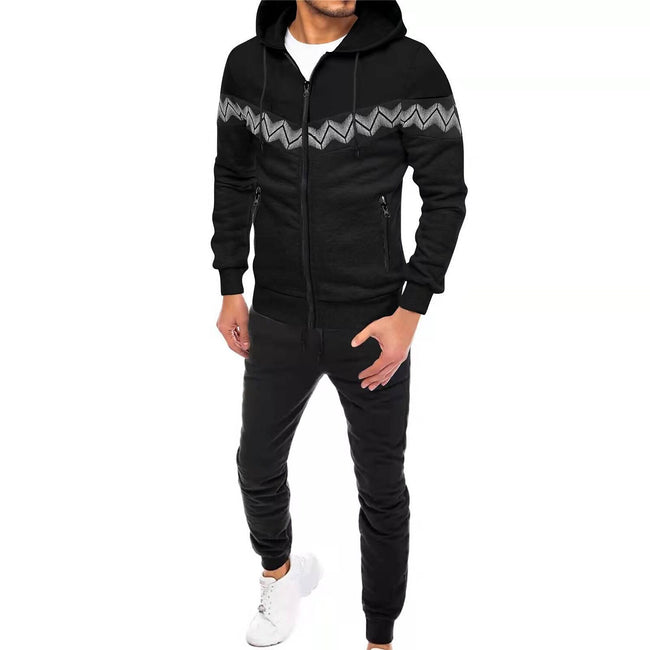 Men's Hooded Drawstring Pocket Zip Partial Print Detail Sweatshirt And Two-piece Set