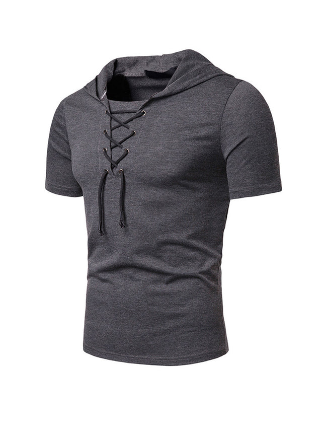 Men's Lace-up Short Sleeve Hooded T-shirt