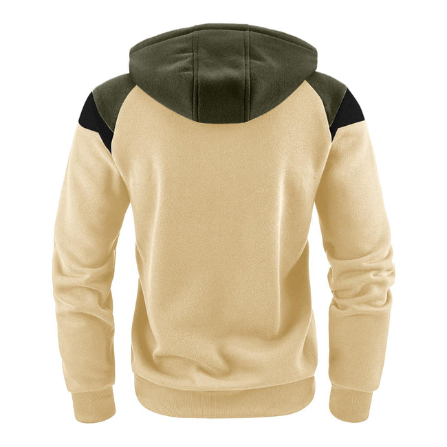 Men's Hooded Patchwork Drawstring Zip Sweatshirt Casual Retro
