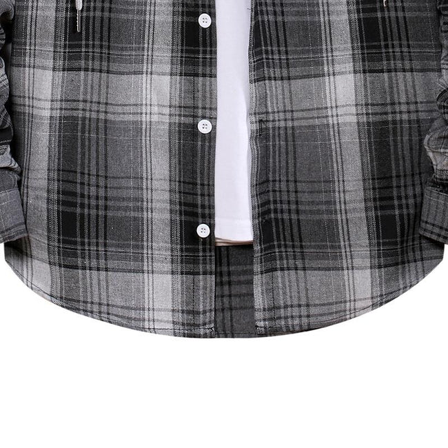 Men's Long Sleeve Check Hooded Casual Shirt Yellow Navy Blue Gray
