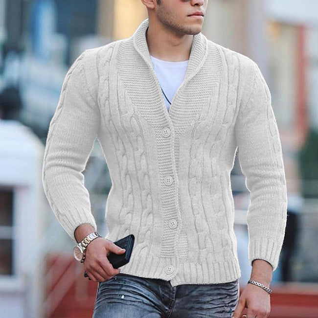 Men's Solid Color Cable Shawl-lapels Button Knit Cardigan