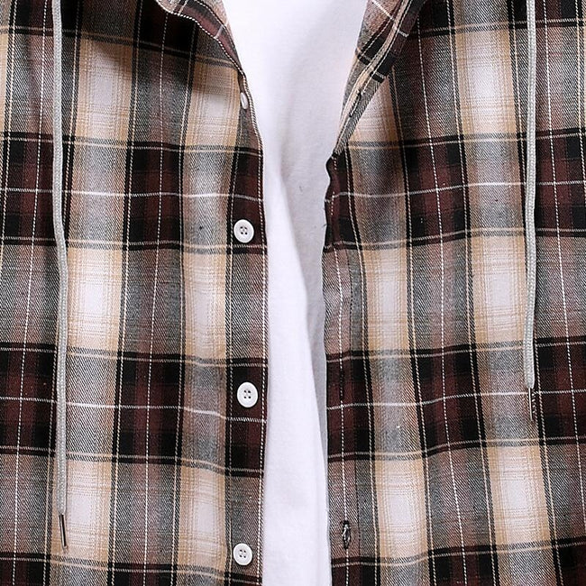 Men's Long Sleeve Flannel Brushed Check Hooded Casual Shirt Blue Brown