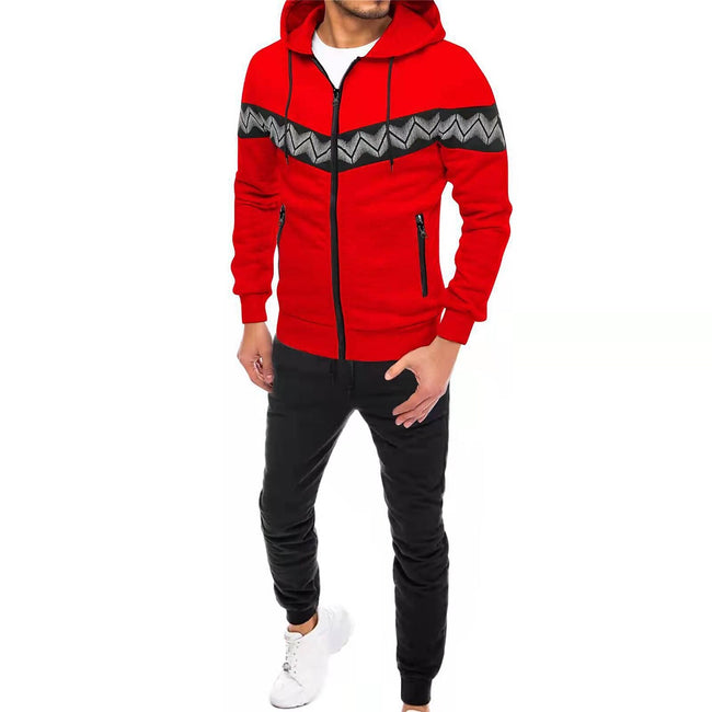 Men's Hooded Drawstring Pocket Zip Partial Print Detail Sweatshirt And Two-piece Set