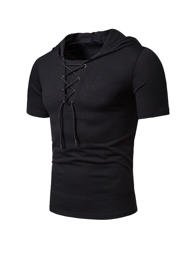 Men's Lace-up Short Sleeve Hooded T-shirt