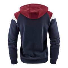 Men's Hooded Patchwork Drawstring Zip Sweatshirt Casual Retro