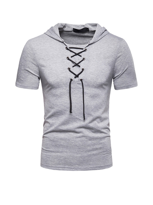 Men's Lace-up Short Sleeve Hooded T-shirt