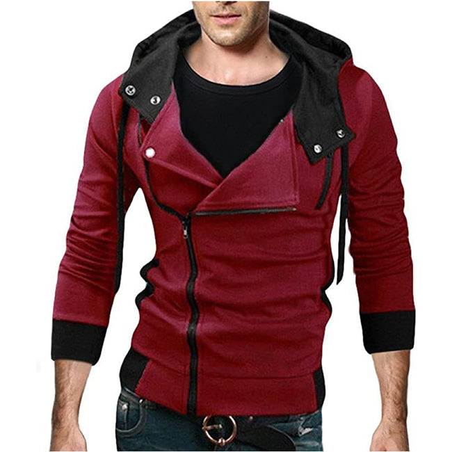 Men's Contrast Solid Color Zipper-up Hooded Jacket Active Hip Hop